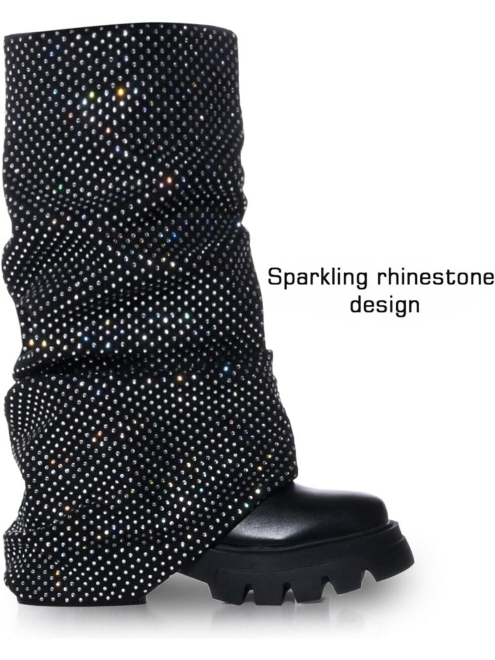 Women's Rhinestone-Black Fold Over Mid Calf Round Toe Heel Stacked Moon Boots - Picture 3 of 6